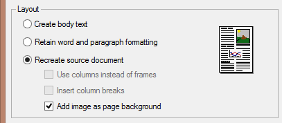 Graphic option of OCR software that adds the scanned image as page background in Word