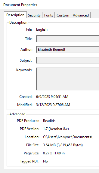 Properties of an Adobe PDF document