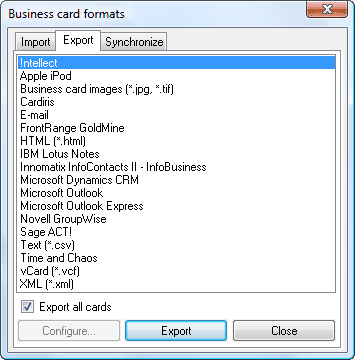 Export filter of business card reading (BCR) software