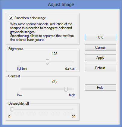 Control panel to adjust the image’s binarization