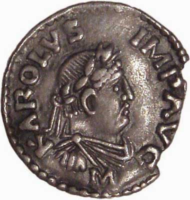 Metal coin with Charlemagne portrait