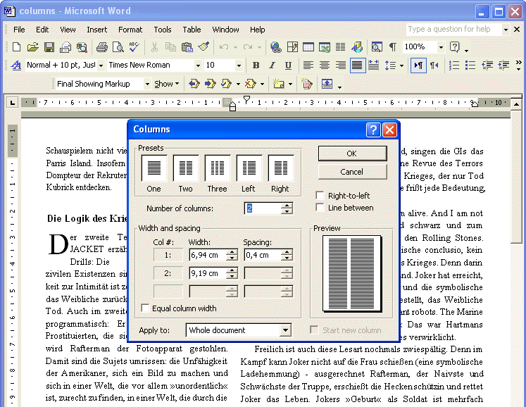 Recreating columns in the wordprocessor Word