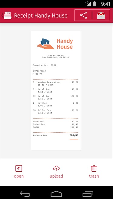 Scanned receipt optimized by smartphone app doo Scanbot